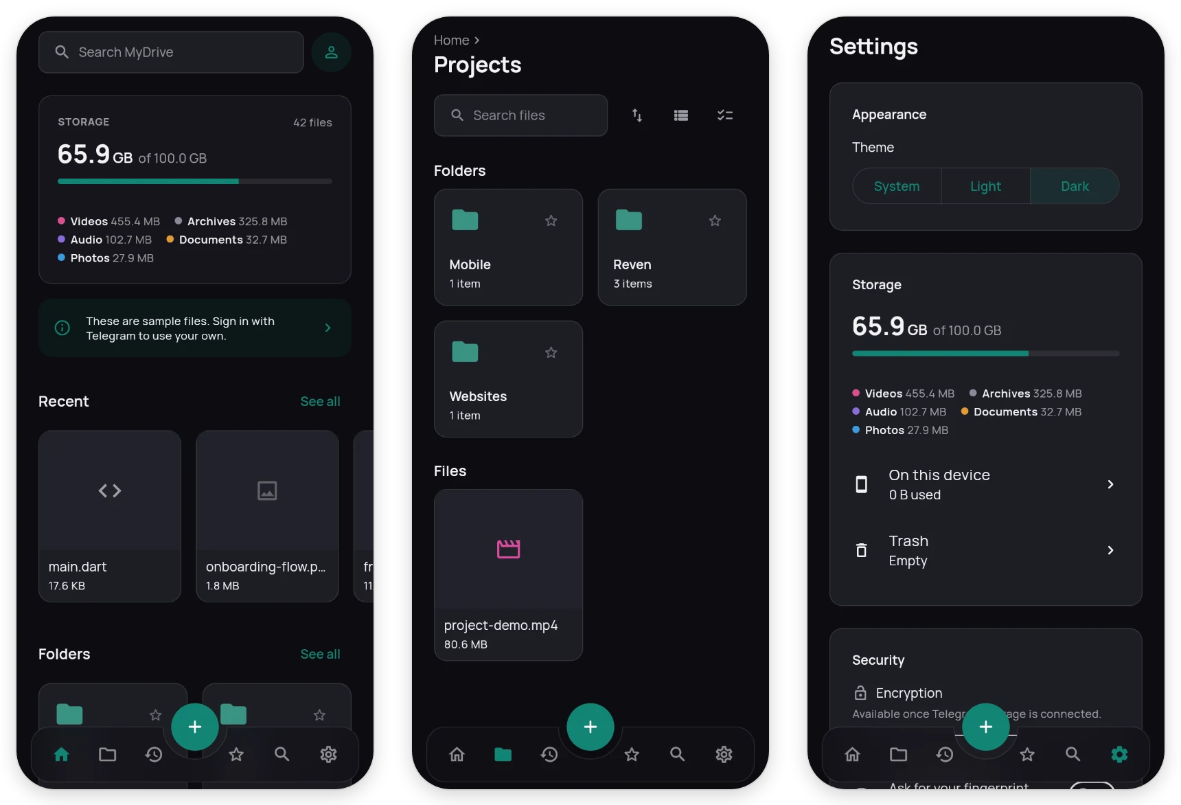 MyDrive on a phone: Home with storage use, the Files grid, and a PDF preview