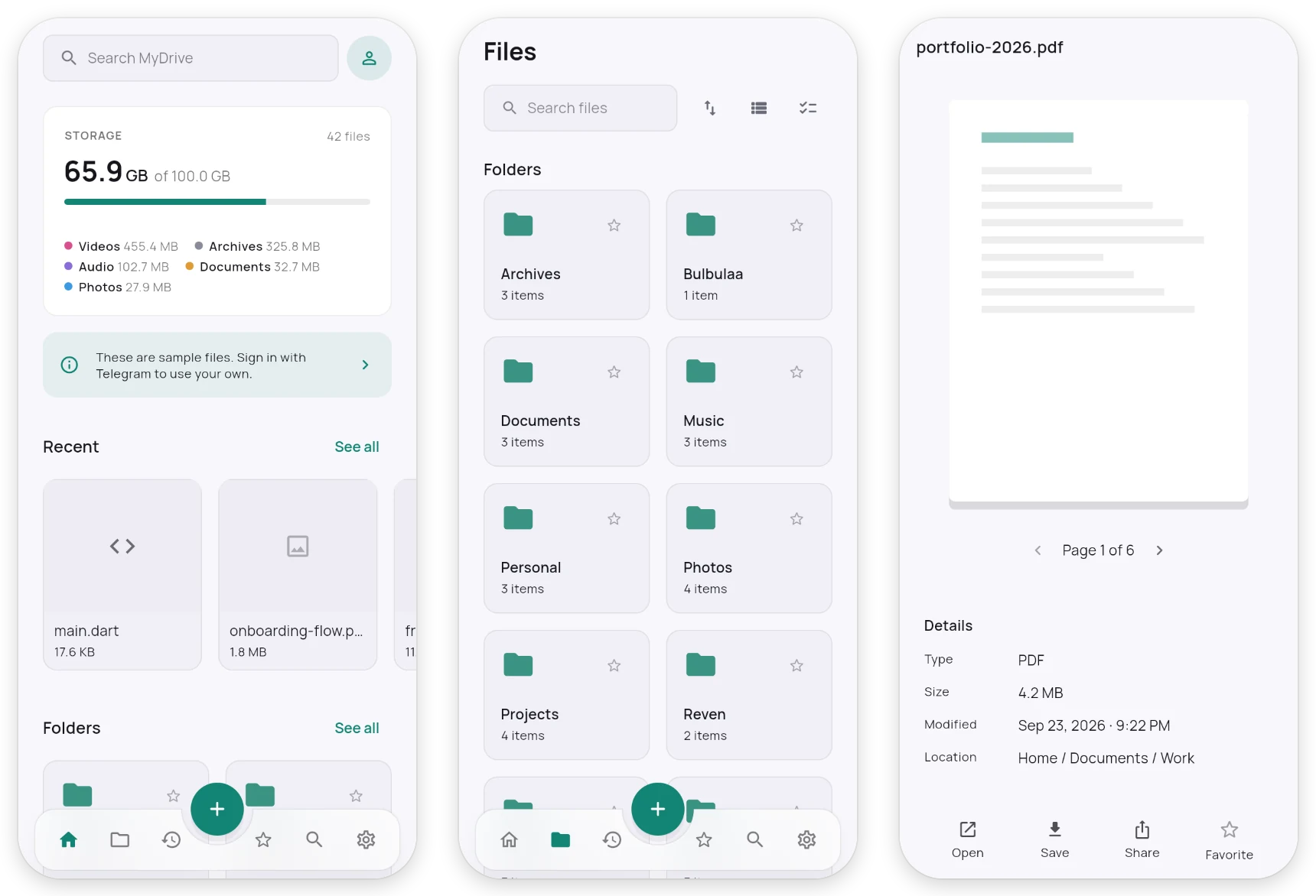 MyDrive on a phone: Home with storage use, the Files grid, and a PDF preview